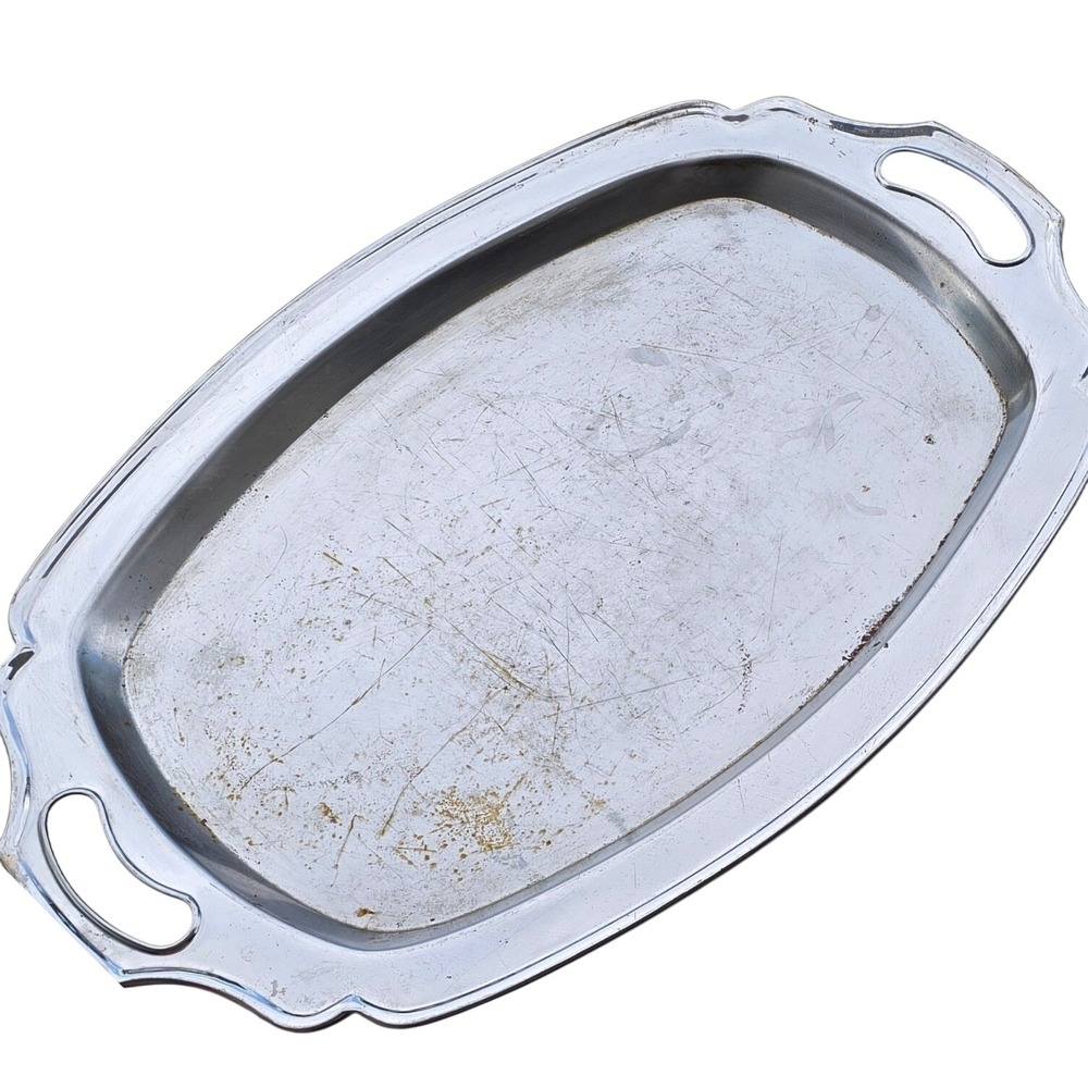 Vintage Large Stainless Steel Oval Serving Tray with Handles Scalloped 20.5 Inch